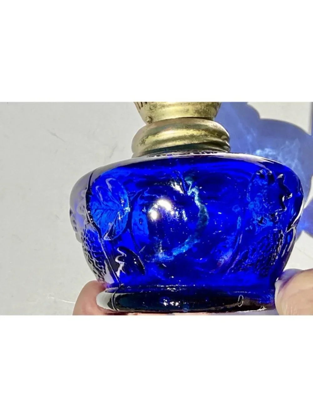 Vintage Cobalt Blue Glass Finger Oil Lamp Fruit Base & Ruffled Chimney Hong Kong
